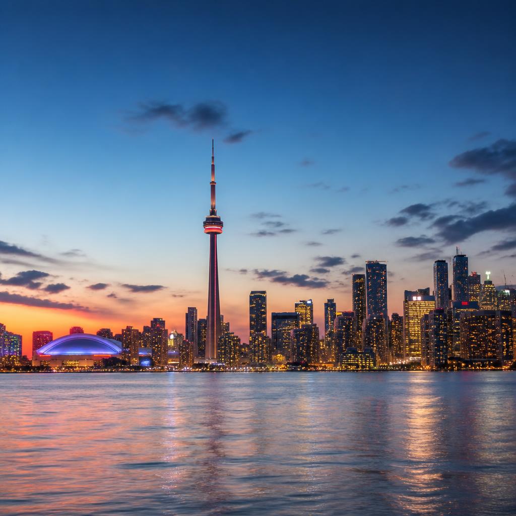 The Toronto skyline at dusk across the lake