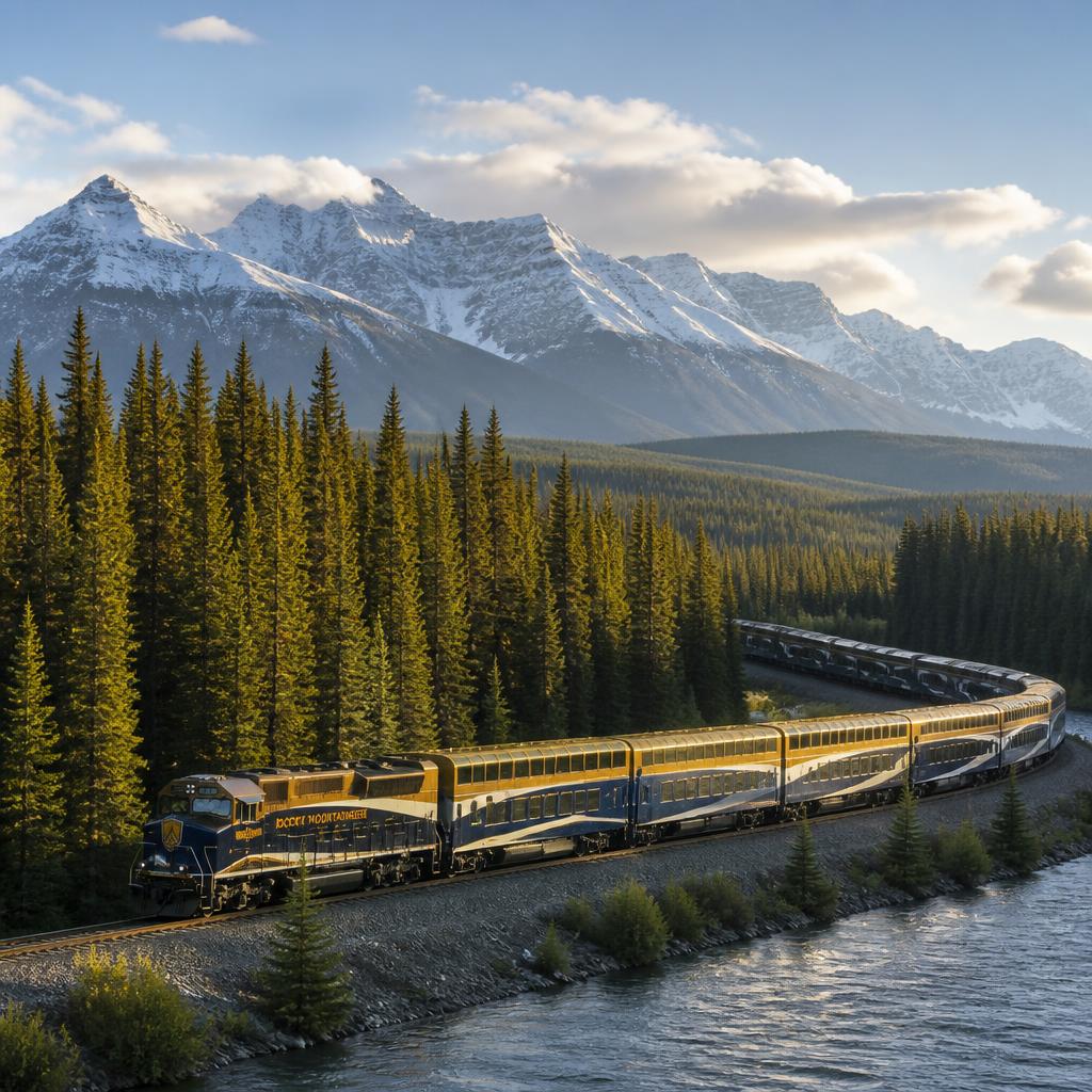 A passenger train winding through the snow-capped Canadian Rockies